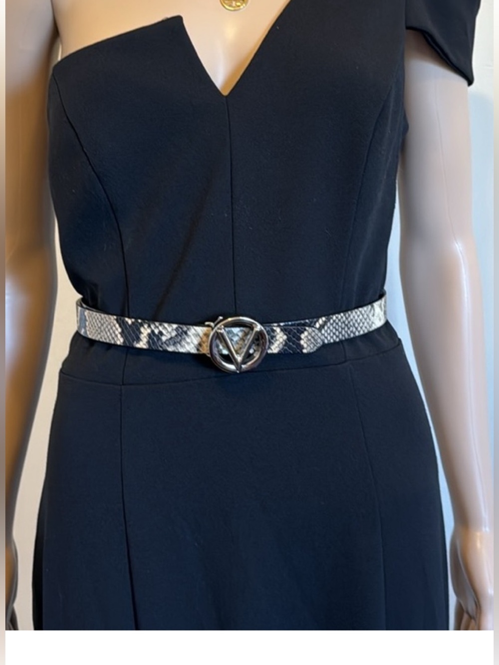 Valentino Snake-Print Belt with Silver V Buckle - Black/Gray/Tan